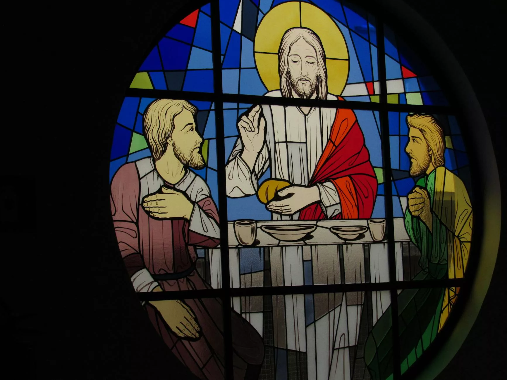 stained glass artwork of the last supper scene