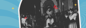 Banner for TUUMT Podcast Episode 42. Blanck and white image of the painting of St. Bruno witnessing the "reanimation" of Raymond Diocrés admiting to everyone that he has been condemned. Set in blue background.