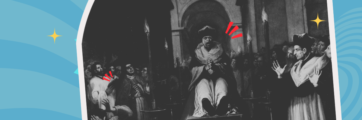 Banner for TUUMT Podcast Episode 42. Blanck and white image of the painting of St. Bruno witnessing the "reanimation" of Raymond Diocrés admiting to everyone that he has been condemned. Set in blue background.