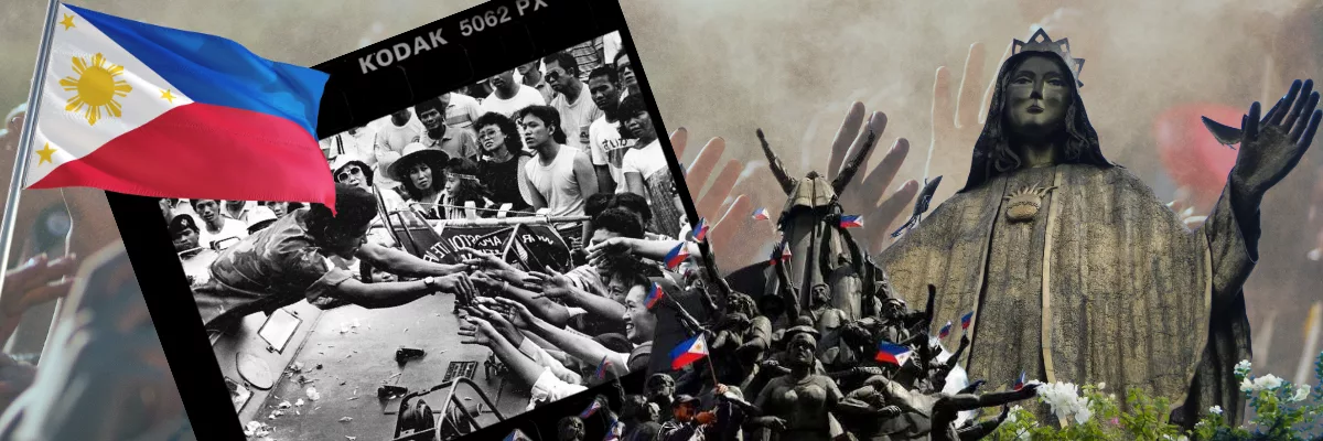 A depiction of the EDSA People Power Revolution: the Philippine Flag, a picture from the 1986 peaceful revolt, the monument commemorating the event and the giant image of Our Lady of EDSA at the EDSA Shrine.