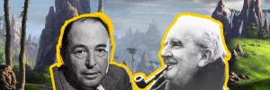 A photo of CS Lewis and JRR Tolkien edited with a fantasy background