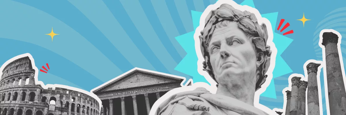From left to right: the Coliseum, the Pantheon, Augustus, and 4 pillars in the corinthian style.