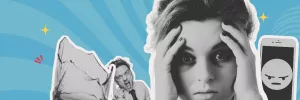 Banner for the episode on wokeism. A broken glass, an angry man, a sleep deprived woman, and a phone with an angry emoji.