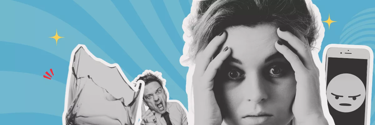 Banner for the episode on wokeism. A broken glass, an angry man, a sleep deprived woman, and a phone with an angry emoji.