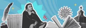 TUUMT Ep 45 banner featuring from left to right: a quill and ink, the set of the Summa Theologiae, St. Thomas Aquinas, an open book, the Sun (symbol of the Aquinas family), and a Church dome.