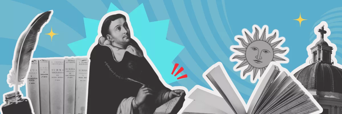 TUUMT Ep 45 banner featuring from left to right: a quill and ink, the set of the Summa Theologiae, St. Thomas Aquinas, an open book, the Sun (symbol of the Aquinas family), and a Church dome.