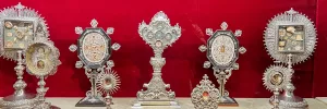 Nine reliquaries containing various relics of saints. Displayed in the Cathedral of Seville.