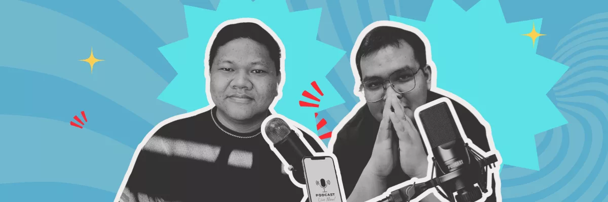 TUUMT hosts Lennon and Russel with podcasting microphones and a smartphone.