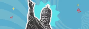 TUUMT Episode 65 banner. Statue of a pope.