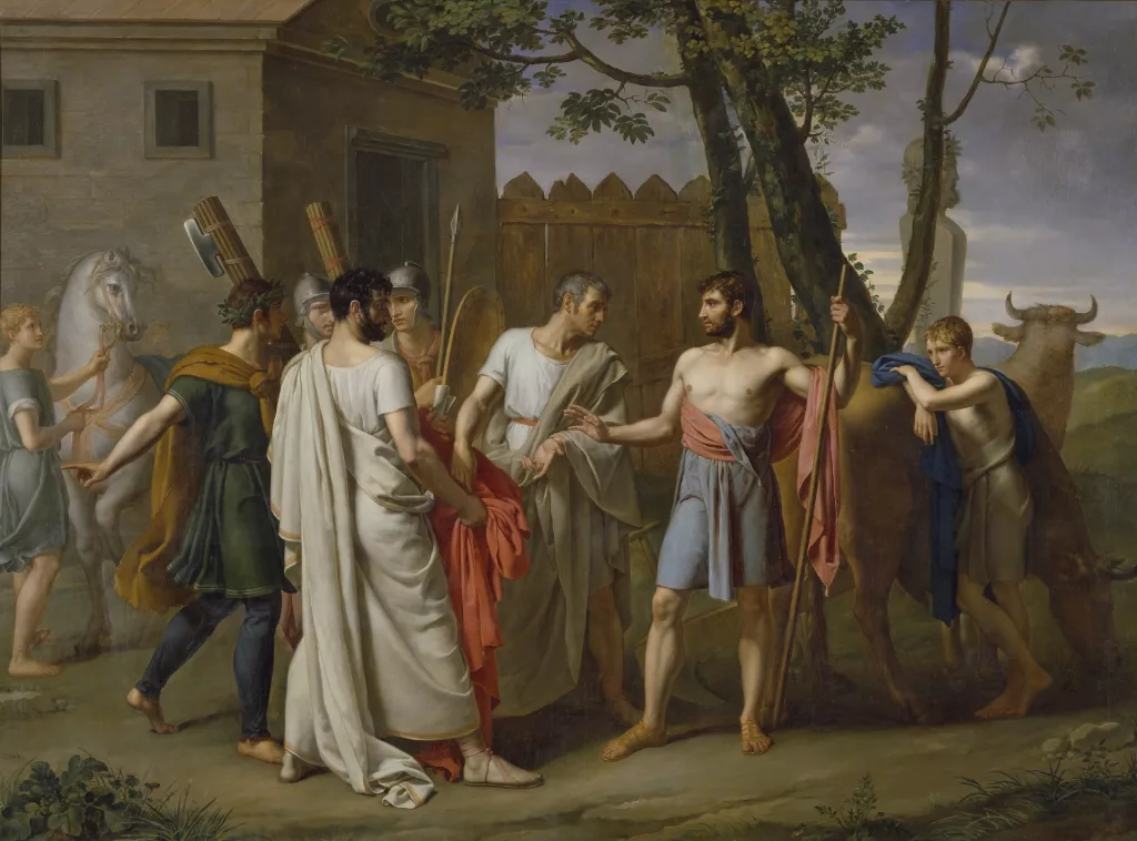 The hero of Republican Rome, Lucius Quinctius Cinncinatus had abandoned public life and retired to farm work. This painting depicts the moment when various representatives of the Senate offer to name him dictator. (Juan Antonio Ribera y Fernández, "Cincinnatus abandons the Plough to dictate Laws to Rome". Ca. 1806. Oil on canvas).