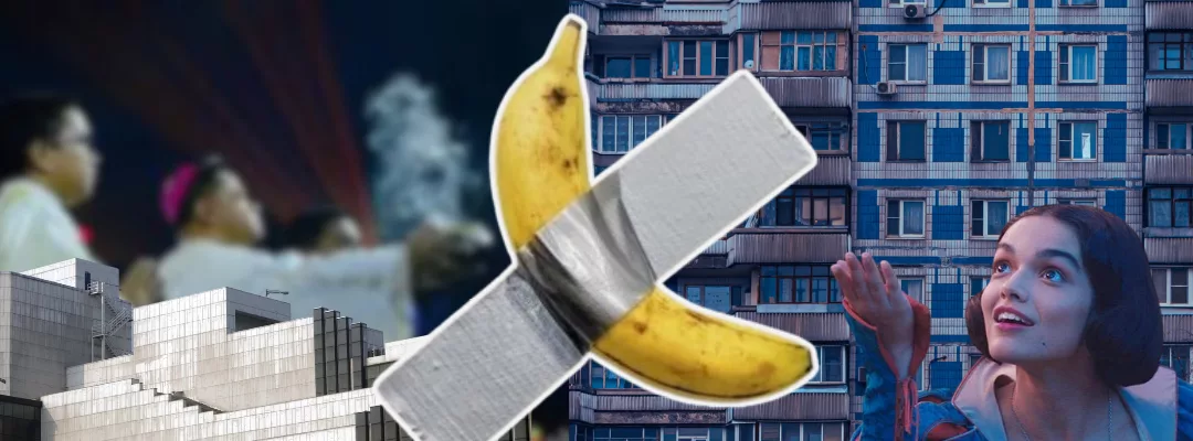 Why modernism suck? In the photo collage are the Palayok Mass, brutalist architecture, Banana on the wall, and Rachel Spegler's flop Snow White Movie