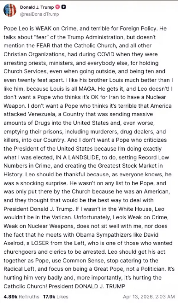 Screenshot of President Trump's Truth Social post attacking Pope Leo XIV on 13 April 2026