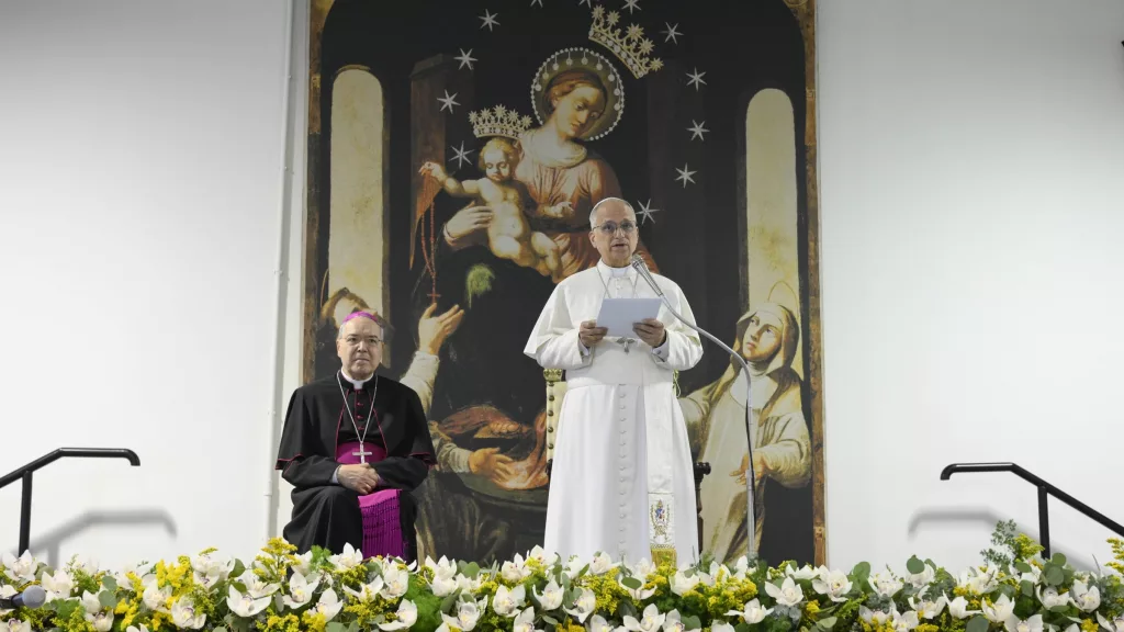 ope Leo XIV speaks as he visits the Pontifical Shrine of the Blessed Virgin of the Rosary of Pompeii near Naples, Italy, before celebrating Mass in the piazza outside May 8, 2026