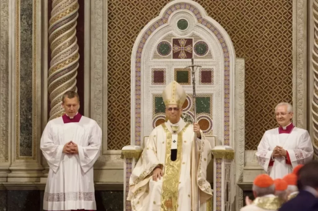 The Bishop of Rome seated in the Cathedra of his Cathedral, the Archbasilica of the Holy Redemeer in St. John Lateran.