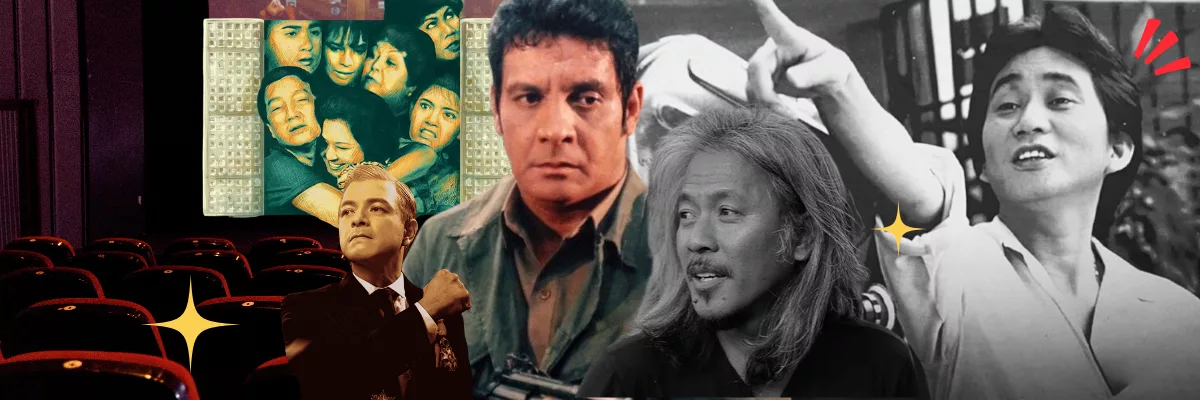 Philippine cinema: (left to right) Dolphy and Nida Blanca and other casts in John en Marsha '85, Jericho Rosales in Quezon, FPJ, Director Lav Diaz, and Director Ishmael Bernal