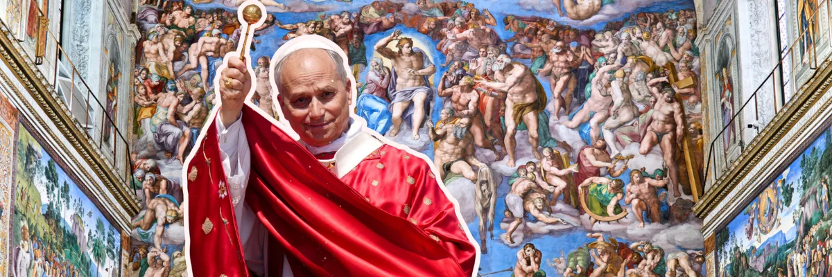 Pope Leo XIV with the Sistine Chapel's Last Judgement in the background. Banner for the episode on Magnifica Humanitas.