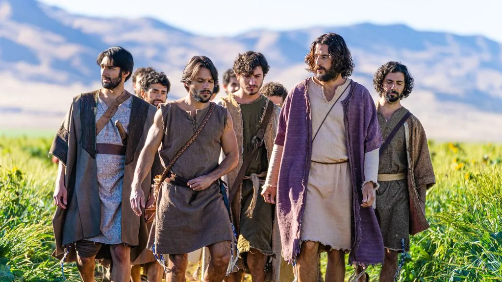 Jesus walking with the Twelve. A screenshot of a scene in The Chosen.